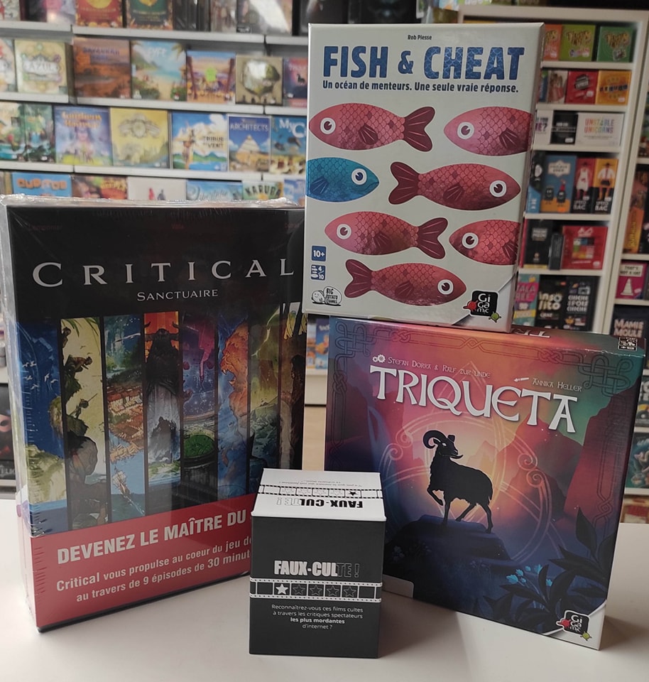 Photo des boîtes des jeux "Critical", "Fish & Cheat", "Triqueta" et "Faux-culte !"